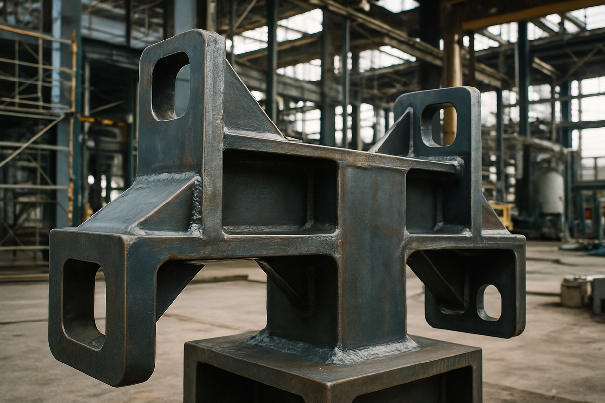 Heavy-duty welded steel bracket with structural reinforcements in a factory environment