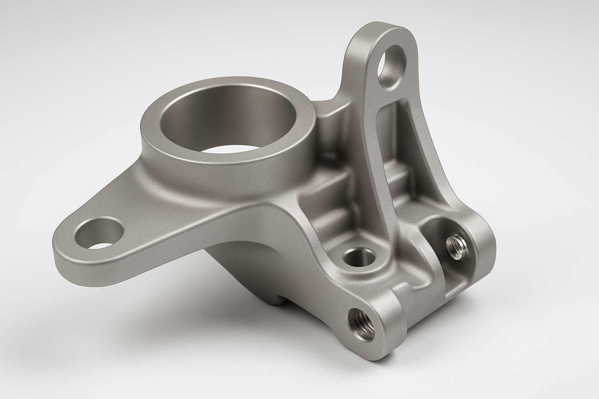 Precision investment casting part with a smooth finish, featuring complex geometry and multiple threaded holes, used for high-strength mechanical assemblies.
