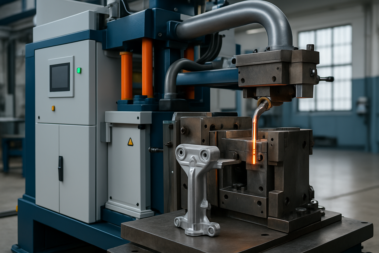 Low-pressure die casting machine injecting molten metal into a mold with a completed aluminum part placed nearby.