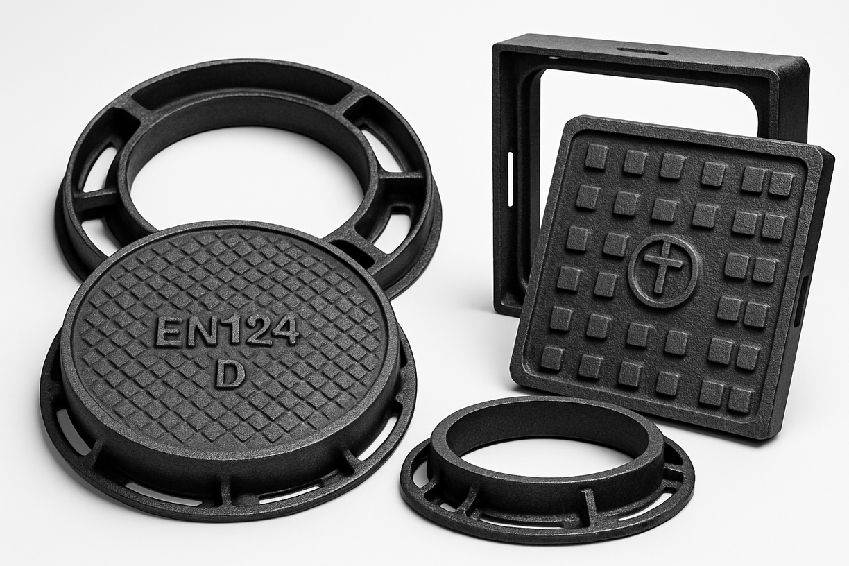 Cast iron manhole covers and frames with round and square designs marked EN124.