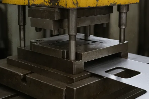 Metal stamping die in a press punching a slotted opening in sheet metal during high-volume production.