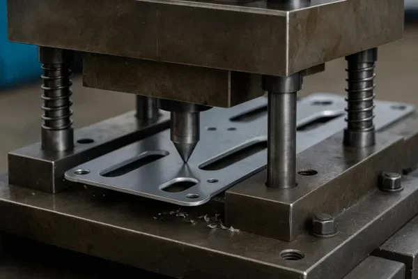 Metal stamping die punching multiple slotted holes in a sheet metal plate during precision press production.