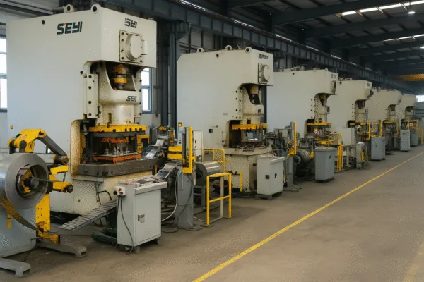Metal stamping press line with multiple industrial power presses and coil feeding equipment in a factory workshop.