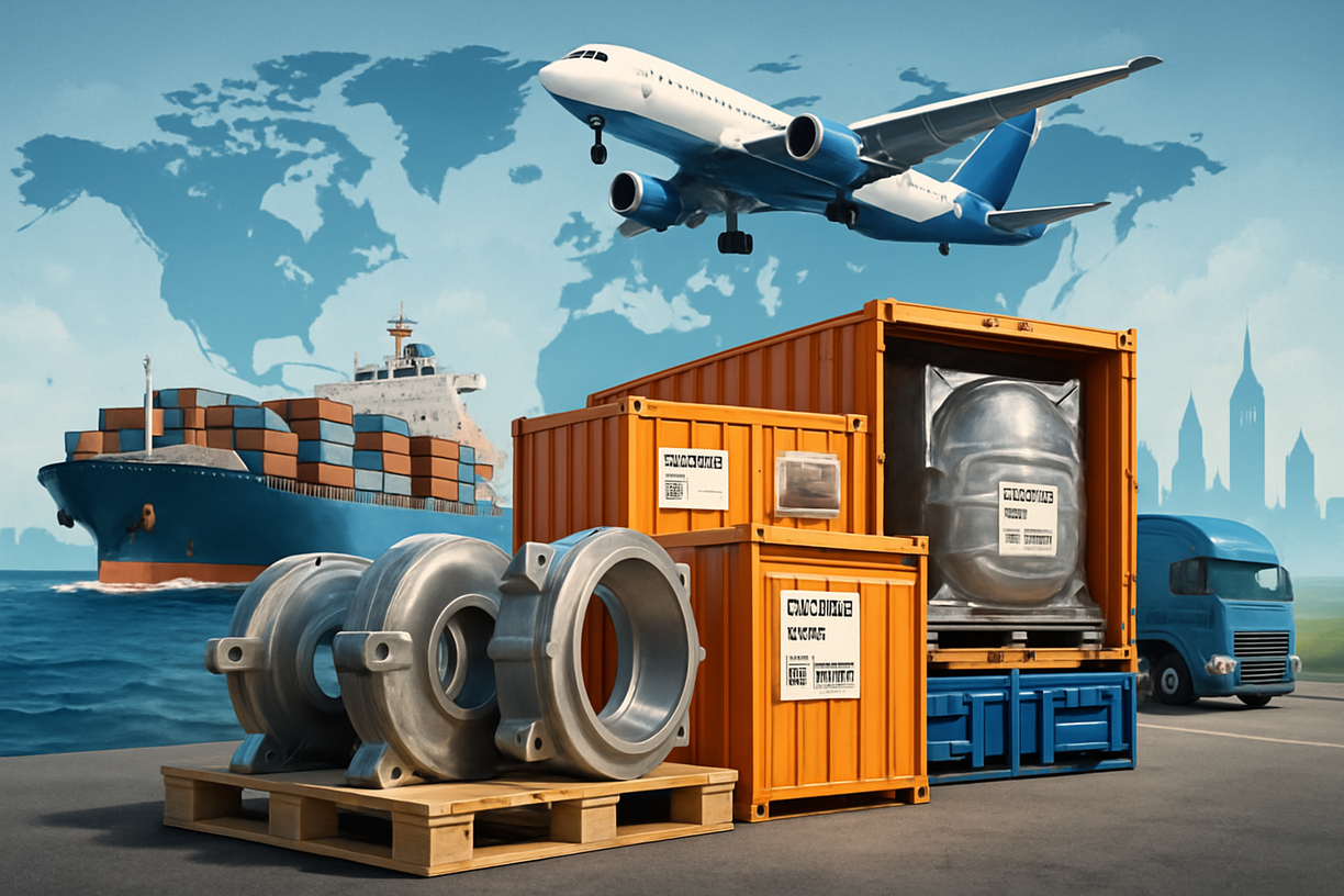 Global distribution of metal castings via cargo ship, air freight, and truck with export containers and industrial parts.