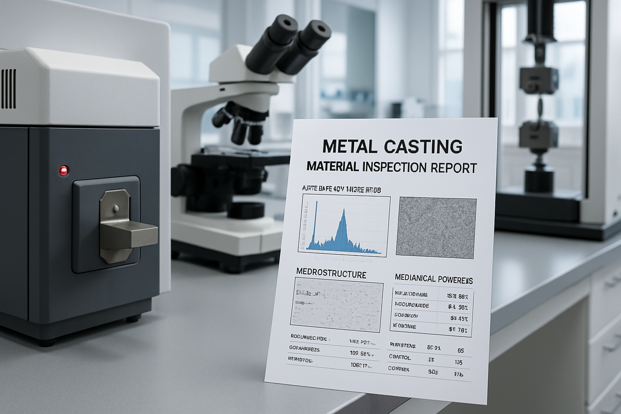 Metal casting material inspection report with chemical, structural, and mechanical analysis shown in a lab with testing instruments.