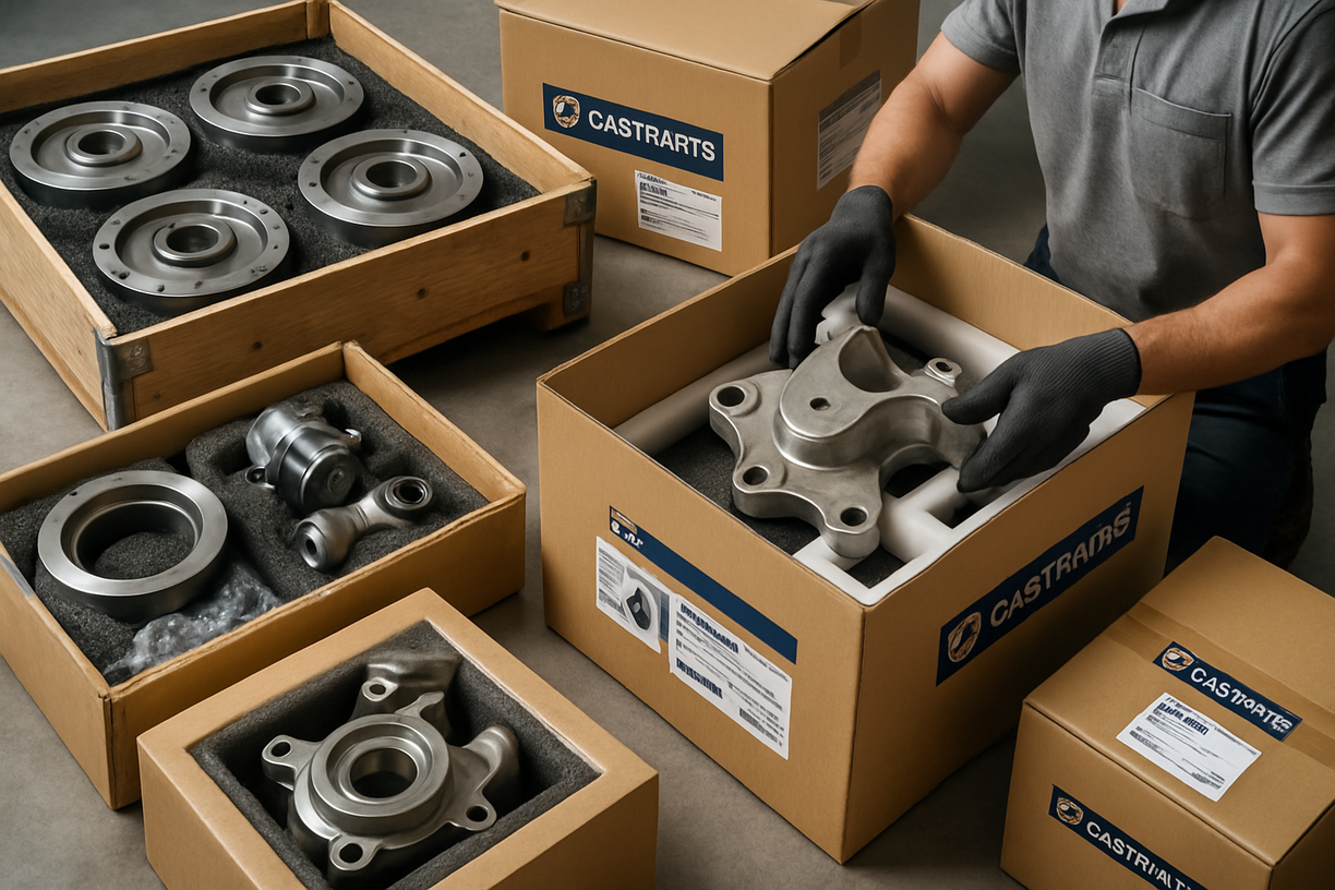 Custom-packaged metal casting parts being packed for shipment with foam protection and labeled Castrarts boxes.