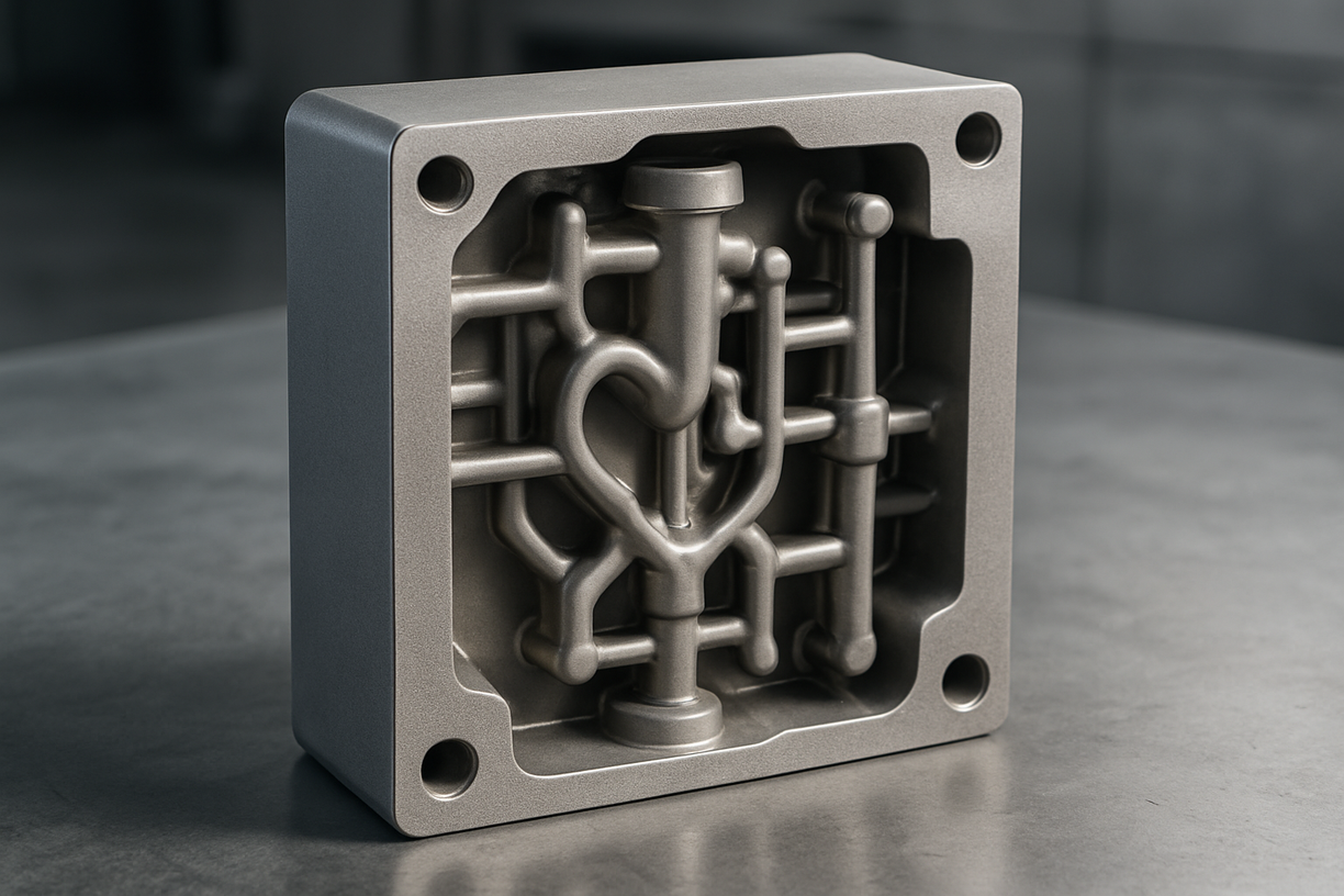 High-precision metal casting mold with complex runner system for controlled molten metal flow.