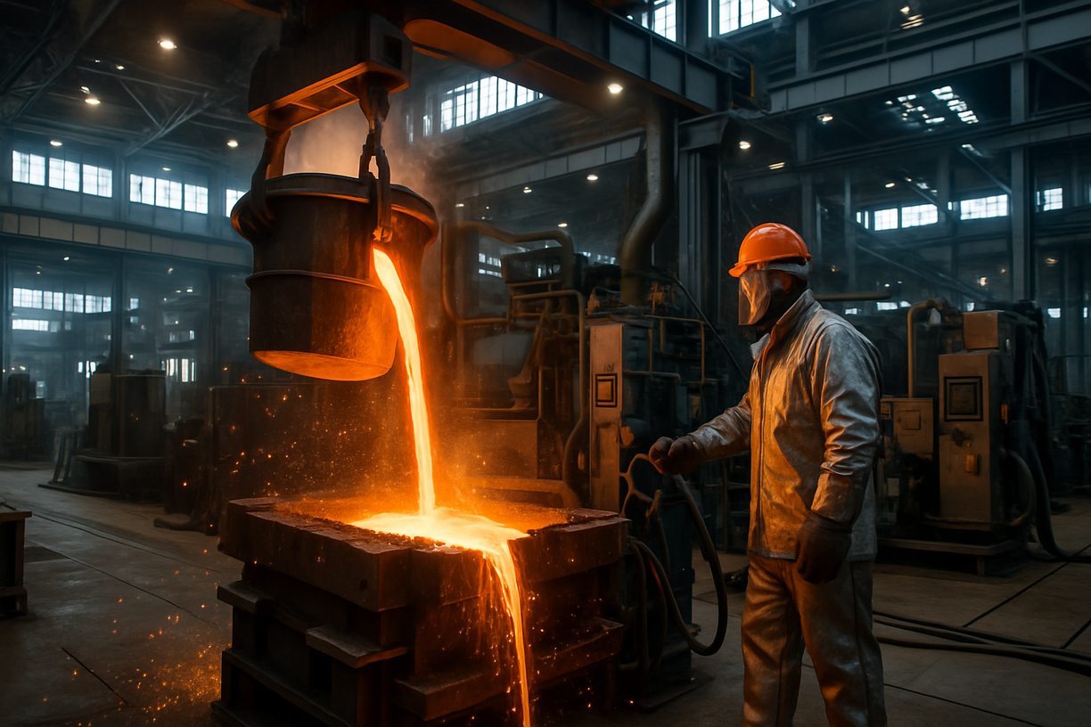 Molten metal pouring into mold in foundry with worker in protective gear supervising.