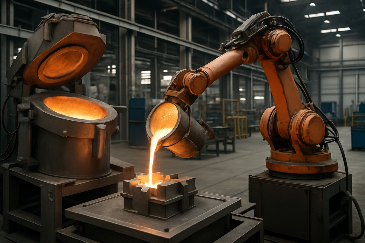 Robotic arm pouring molten metal into a mold during an automated casting process in a modern foundry.