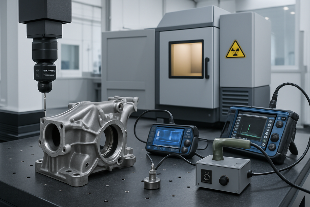 Metal casting part being inspected with CMM probe, ultrasonic flaw detectors, and X-ray machine in a quality control lab.  class=rounded shadow w-full