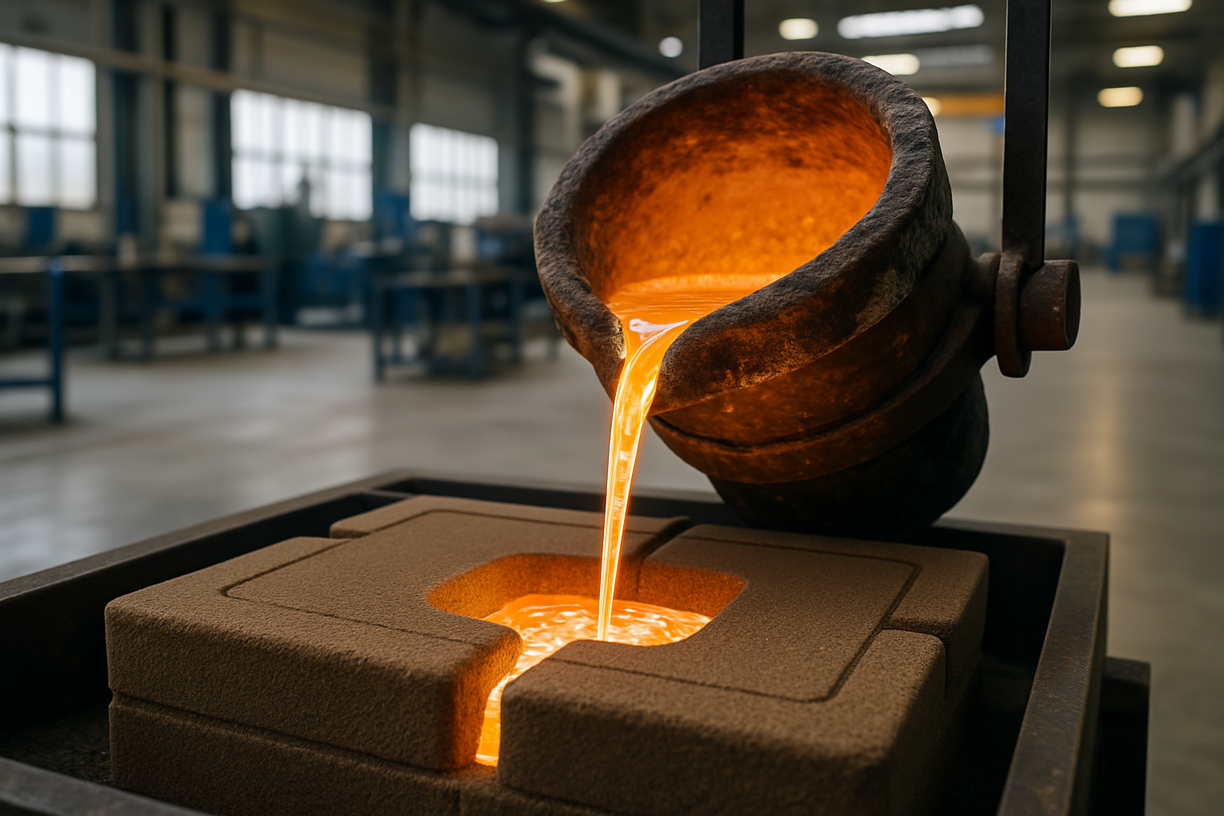 Molten metal being poured from a crucible into a sand mold inside a spacious industrial foundry.