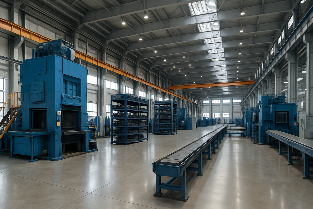 Empty metal casting workshop with blue machinery, conveyor lines, and industrial shelving in a clean, modern facility.









询问 ChatGPT
