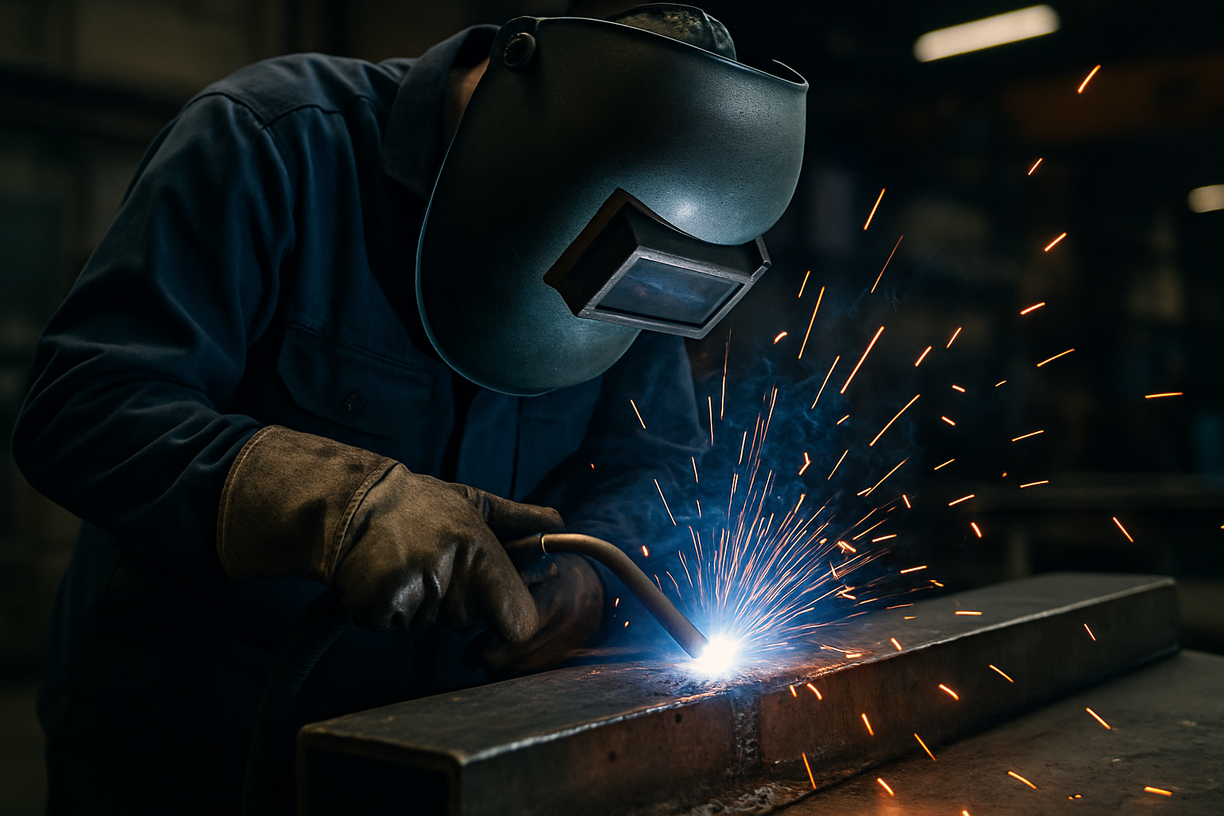 Welder in protective gear performing arc welding on a steel workpiece.