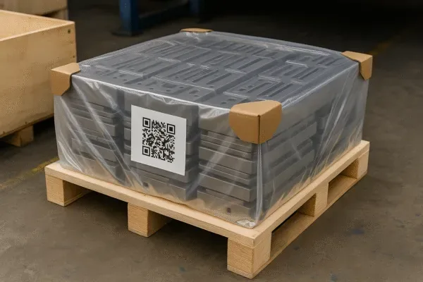 Shrink-wrapped pallet packaging of industrial parts with corner protectors and QR label for export shipping.