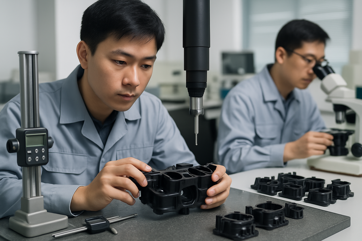 Asian engineers inspecting precision plastic components in a quality control lab.