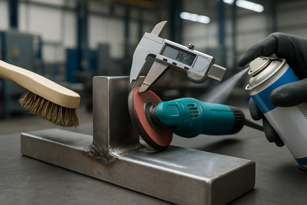 Post-weld surface treatment on a metal part using various tools and inspection methods.