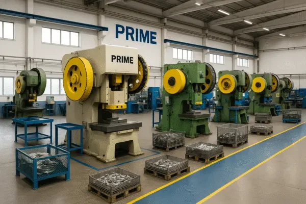 Prime metal stamping press line with multiple power presses and pallets of stamped parts in a factory workshop.