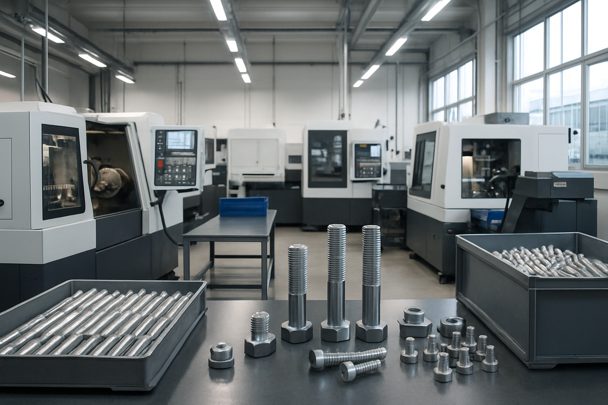 Modern CNC workshop with metal fastener components on a table and production machines in the background.