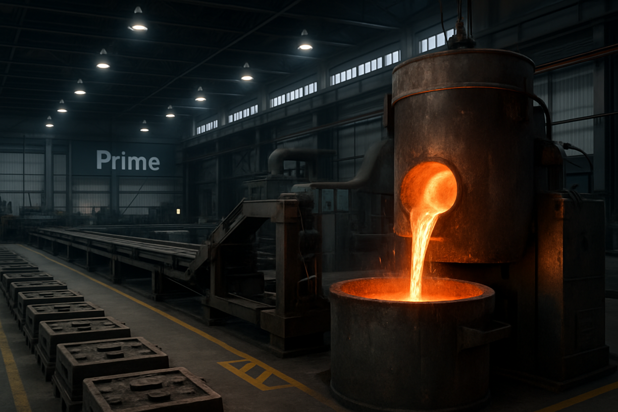 Molten metal being poured from a large industrial furnace in a modern foundry workshop labeled Prime, with casting molds lined up on the factory floor.