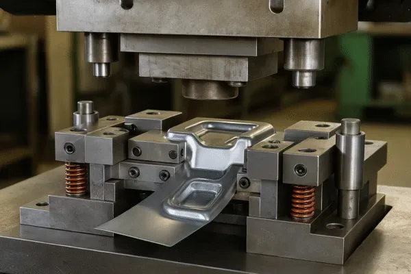 Progressive die stamping tool forming a sheet metal part with drawn features during precision press production.