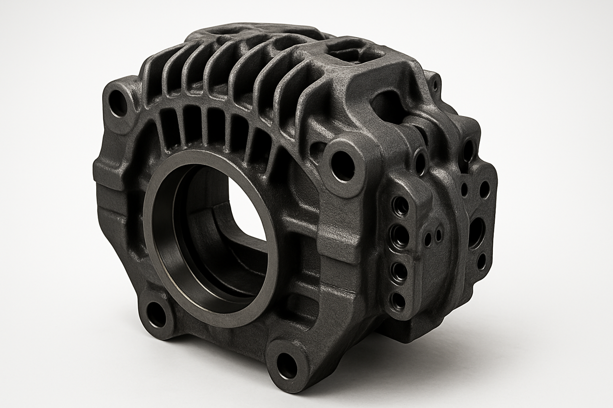Cast metal housing with ribbed structure and multiple machined holes, shown on a white background.