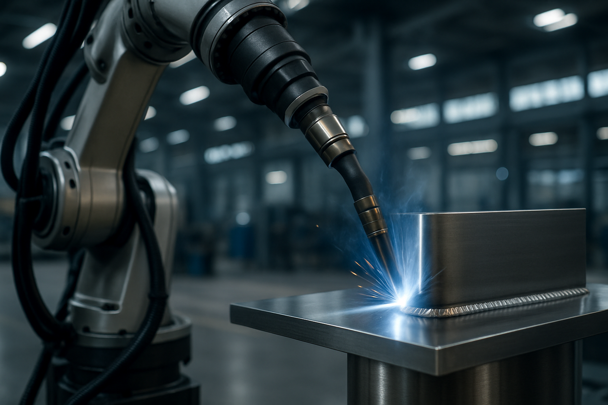Industrial robotic arm performing automated welding on a metal component.