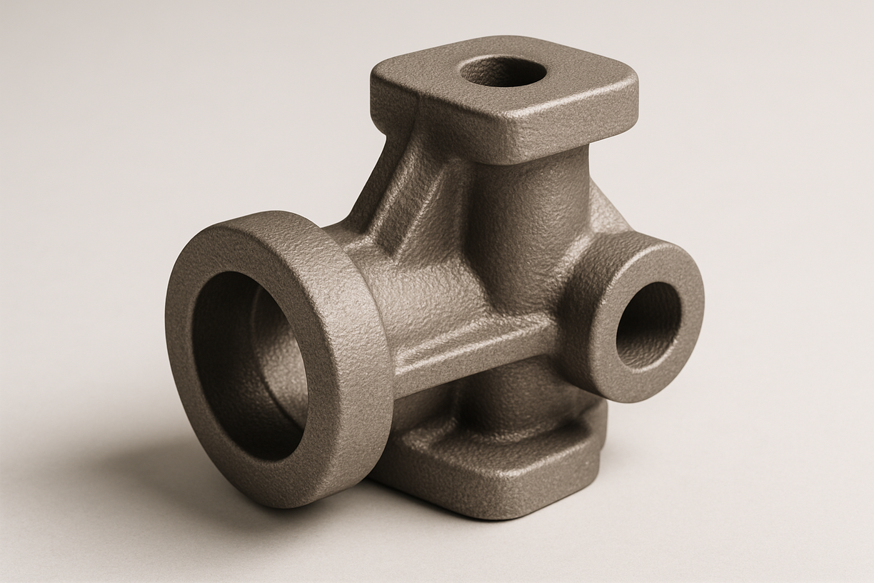 Metal casting part with a rough sand-cast finish, featuring a threaded port and multiple mounting holes, used for machinery or piping connections.