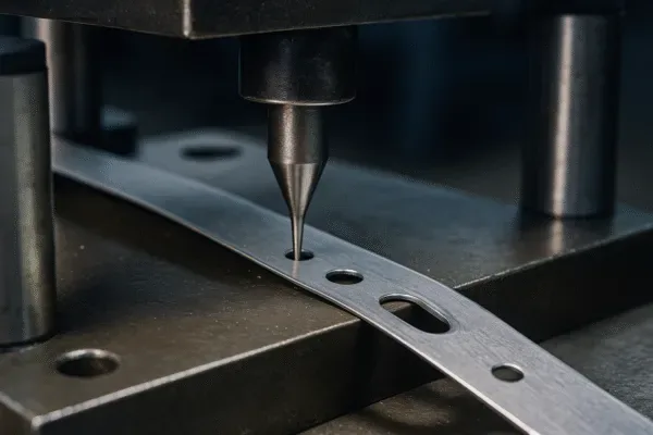 Sheet metal punching process creating holes and a slotted opening with a precision stamping press and die.