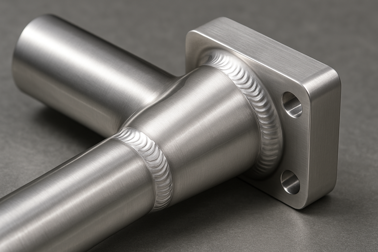 TIG-welded stainless steel pipe assembly with precision weld beads and flange.