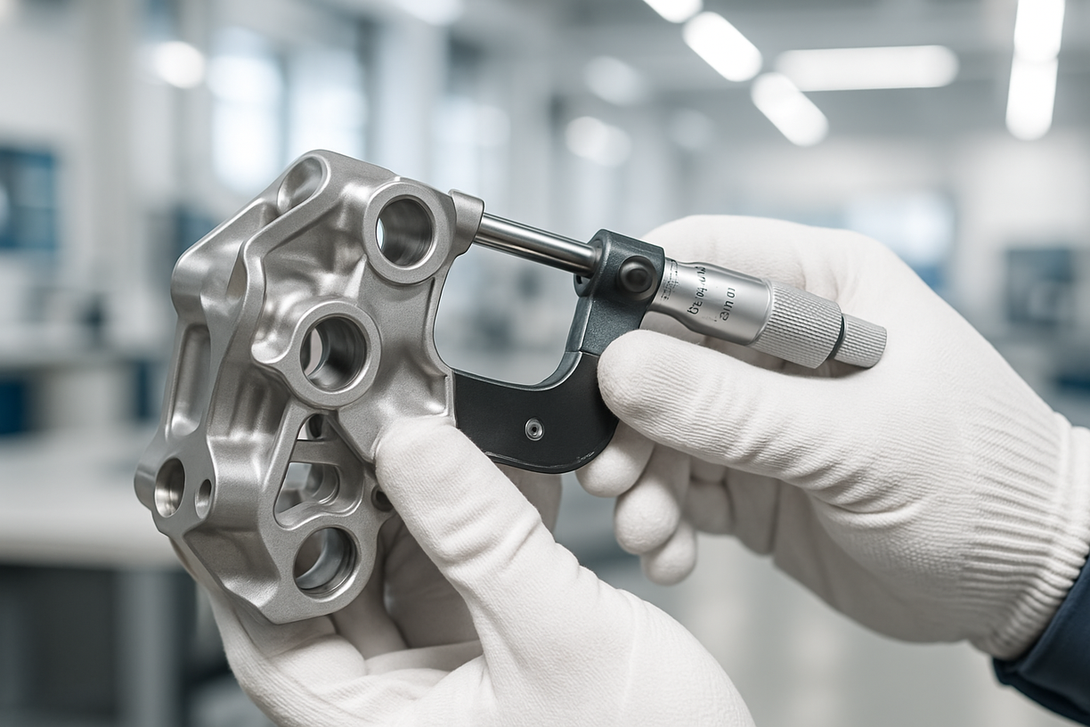 Gloved hands measuring a precision-cast metal part with a micrometer in a lab setting.