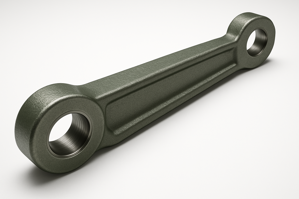Cast metal connecting rod with machined holes at both ends, displayed on a white background.