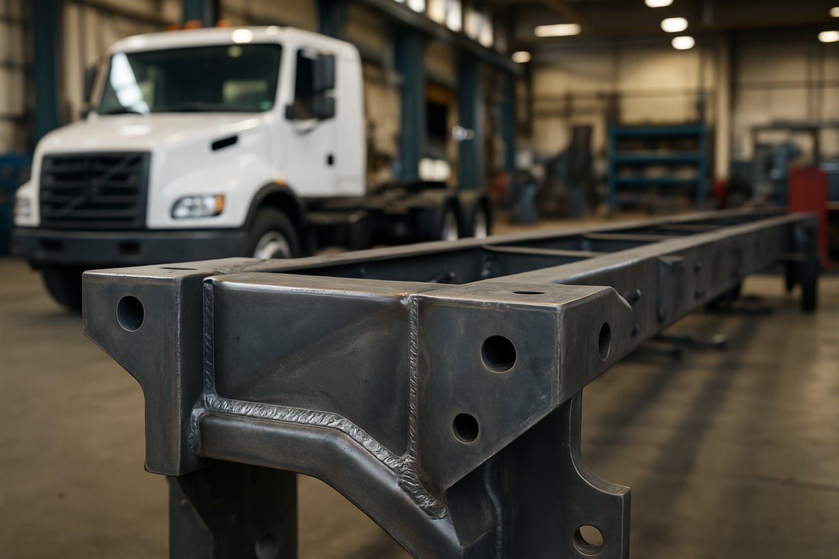 Custom welded truck chassis component with visible weld seams in a vehicle assembly workshop