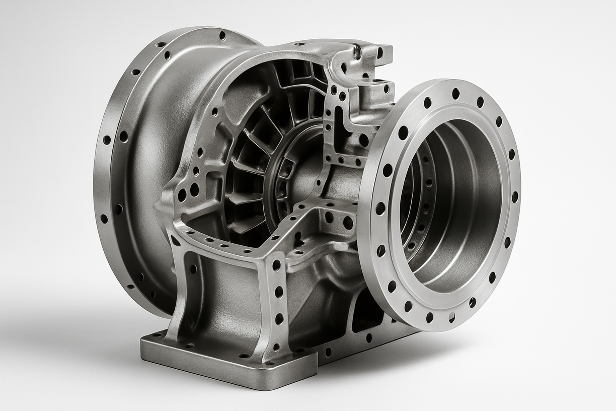 Precision-machined metal casting of a gearbox housing with complex geometry and multiple bolt holes.