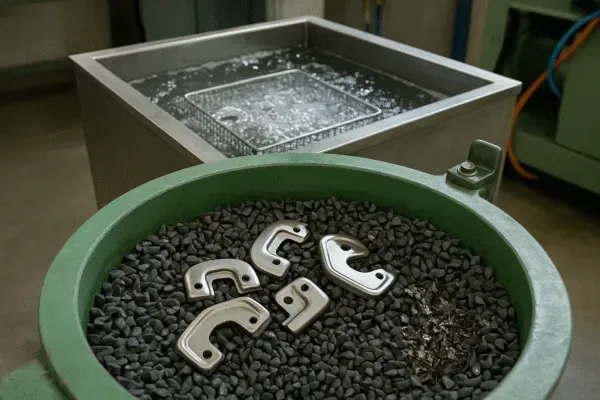 Vibratory tumbling deburring machine finishing small metal parts with abrasive media for smooth edges and surface quality.