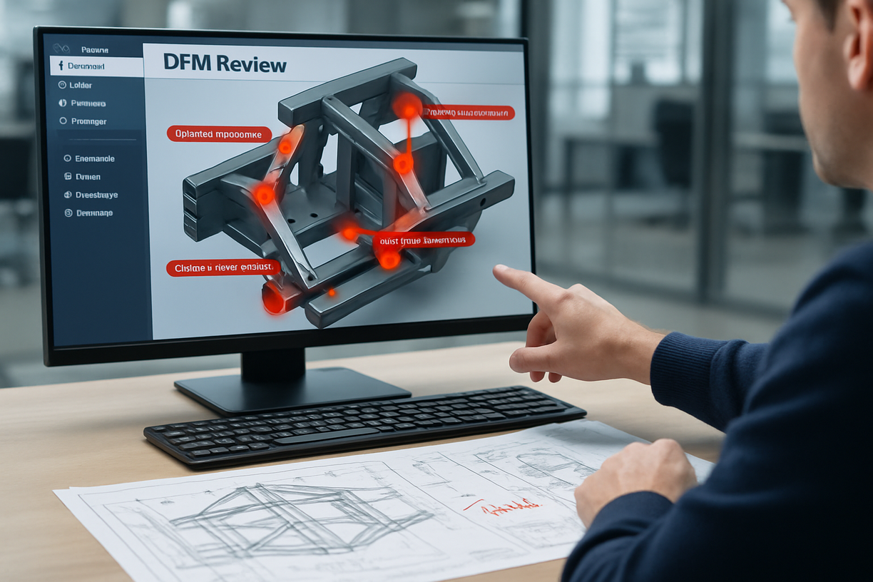 Engineer reviewing DFM analysis of a welded metal assembly on a computer screen.
