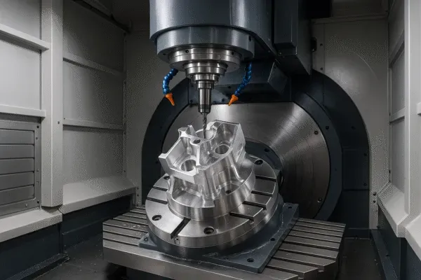 5-axis CNC milling machine machining a precision aluminum component inside the machining center, showing fixture setup and coolant nozzles.