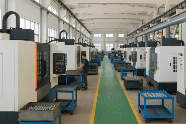 Wide-angle view of Prime’s advanced workshop, showing multiple automated CNC production lines with skilled engineers operating the machines in a bright, organized industrial facility.