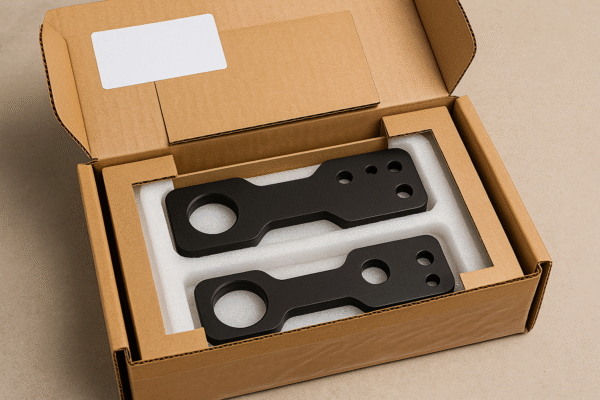 A photo of Prime’s custom metal parts securely packed in an open rectangular export box with foam padding, a cardboard divider, and a blank label, showcasing waterproof and protective export packaging.