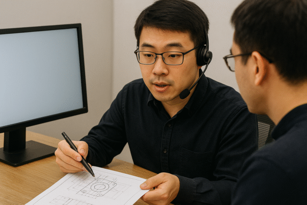 An Asian male customer service representative with glasses and a headset explains a technical drawing to a client at a desk, with a monitor and clean office background.