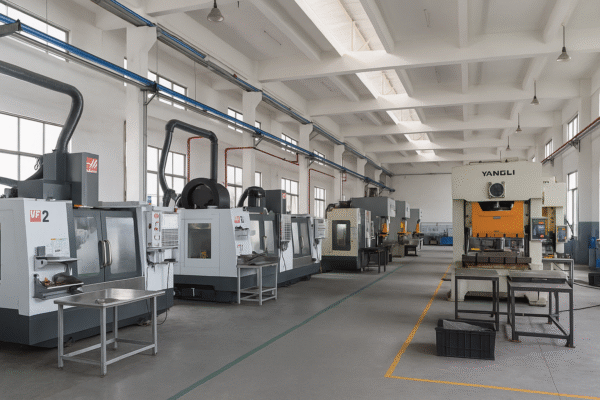 Modern industrial workshop with multiple CNC machines and stamping presses arranged in a clean, bright facility.