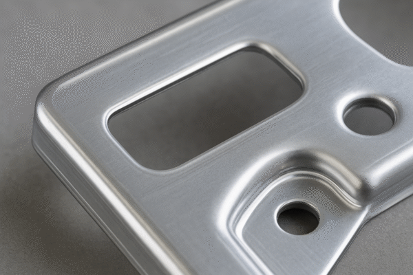 Close-up of a stamped metal component showing clean, smooth edges and flawless polished surface.