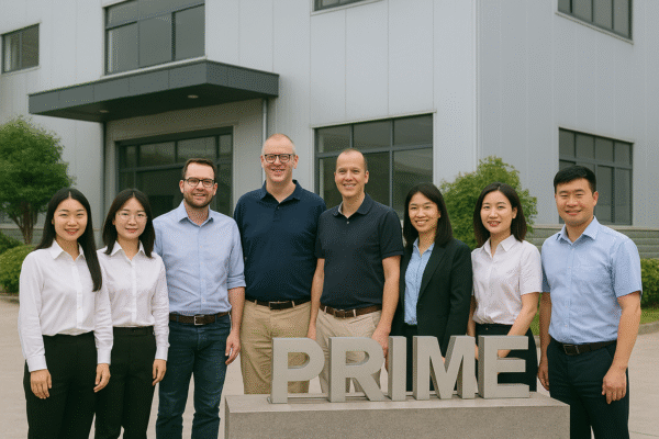 Prime international sales team and clients standing together at the factory entrance.