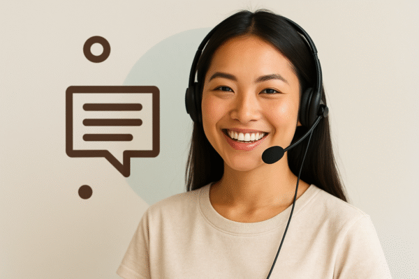 Friendly support agent with headset providing 24/7 assistance