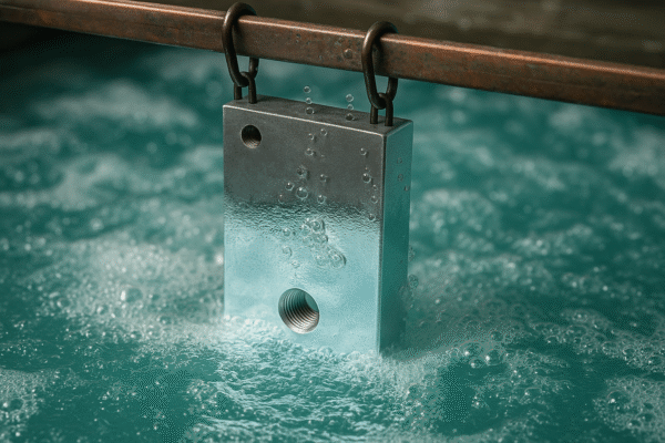 A close-up view of a metal part undergoing zinc electroplating, partially submerged in a turquoise electrolyte bath with visible bubbles and a shiny zinc-coated surface.