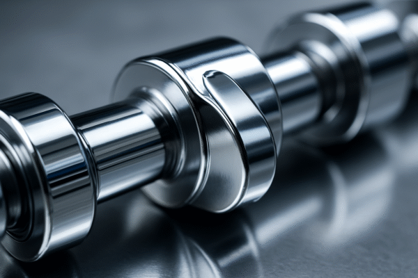 Mirror-polished metal surface with a raised cam lobe, showcasing precision machining details.