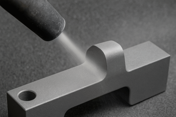 A high-resolution close-up photograph captures a sandblasting process on a matte gray metal component, showing the abrasive stream from the nozzle and the resulting textured surface.