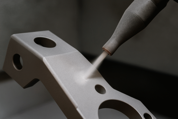 High-resolution close-up of a sandblasting process on a matte gray metal component, showing abrasive flow from a nozzle creating a textured surface.