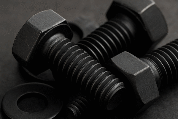 Close-up view of black oxide–treated steel fasteners, including bolts and a washer, with a matte black finish and finely detailed threads.