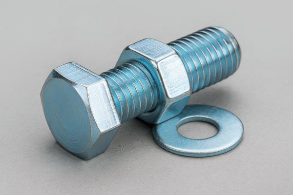 High-resolution close-up of a zinc-plated hex bolt with nut and washer on a light gray surface, showing shiny bluish-silver finish.
