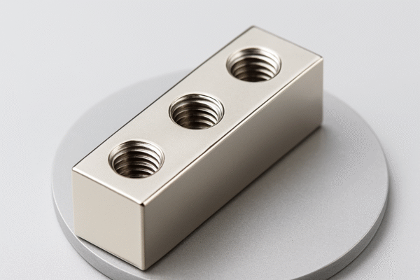 High-resolution close-up of a nickel-plated connector block with uniform gloss, showing three threaded holes on a smooth, reflective surface.
